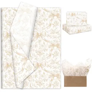 60 Sheets Beige Brown Bow Floral Tissue Paper  Chinoiserie Flower Wrapping Paper DIY Art Crafts Tissue for  Birthday  Shower Wedding, 14 x 20 Inch