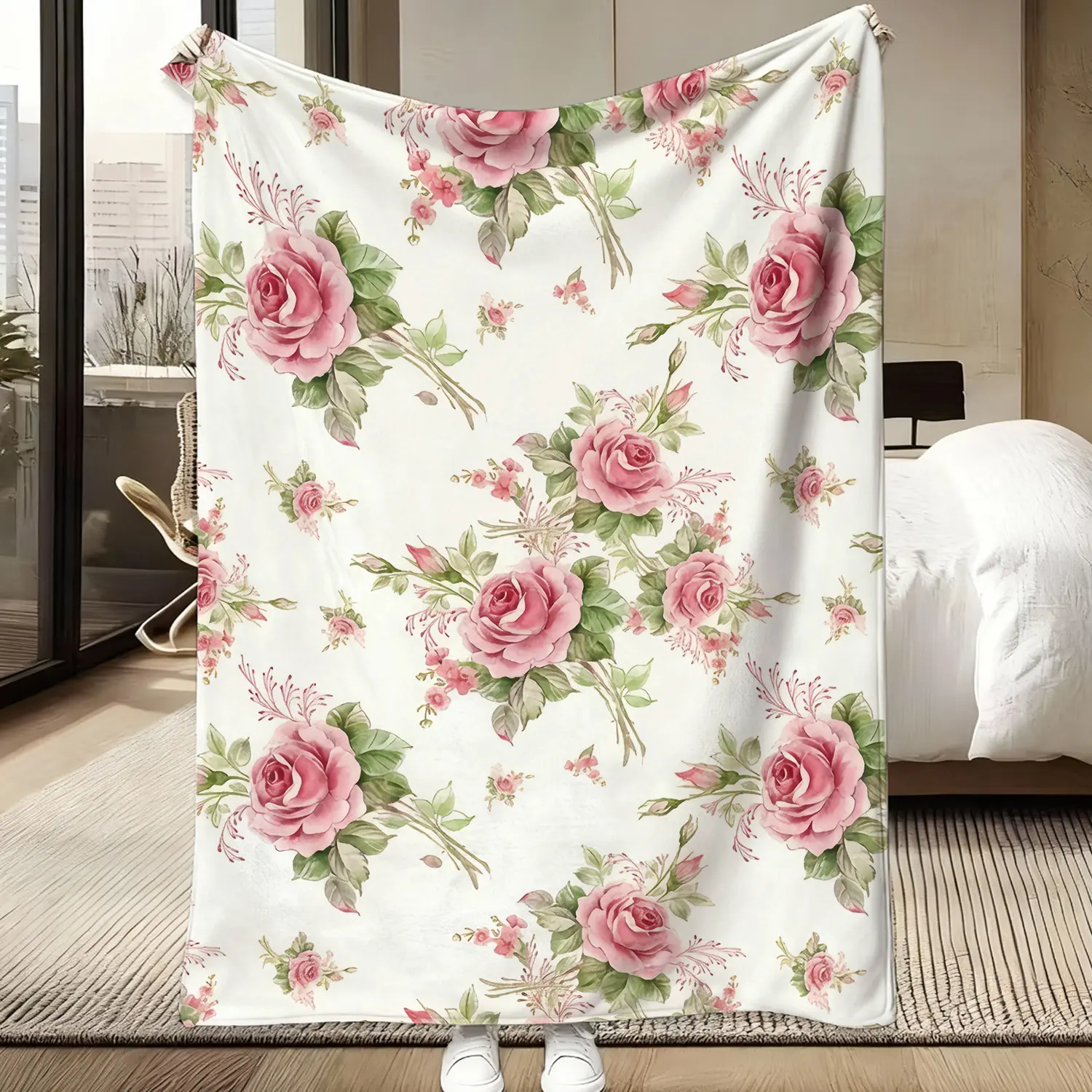 Vintage Watercolour Rose Flower Blanket - Pastel Pink All-Over Print Lightweight Fleece Throw, Cottage Home Decor Boho Blanket, Ideal Wedding Bridal Gift, Boho Room Decor