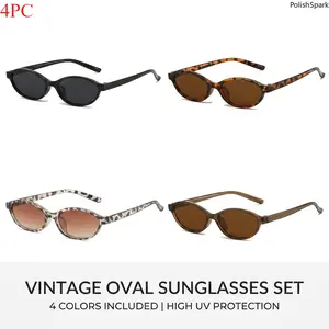 4Pcs Unisex Vintage Oval Cat Eye Women's Sunglasses Set - Retro 90s Small Frame, UV400 Protection, for Summer Sports & Outdoor Use