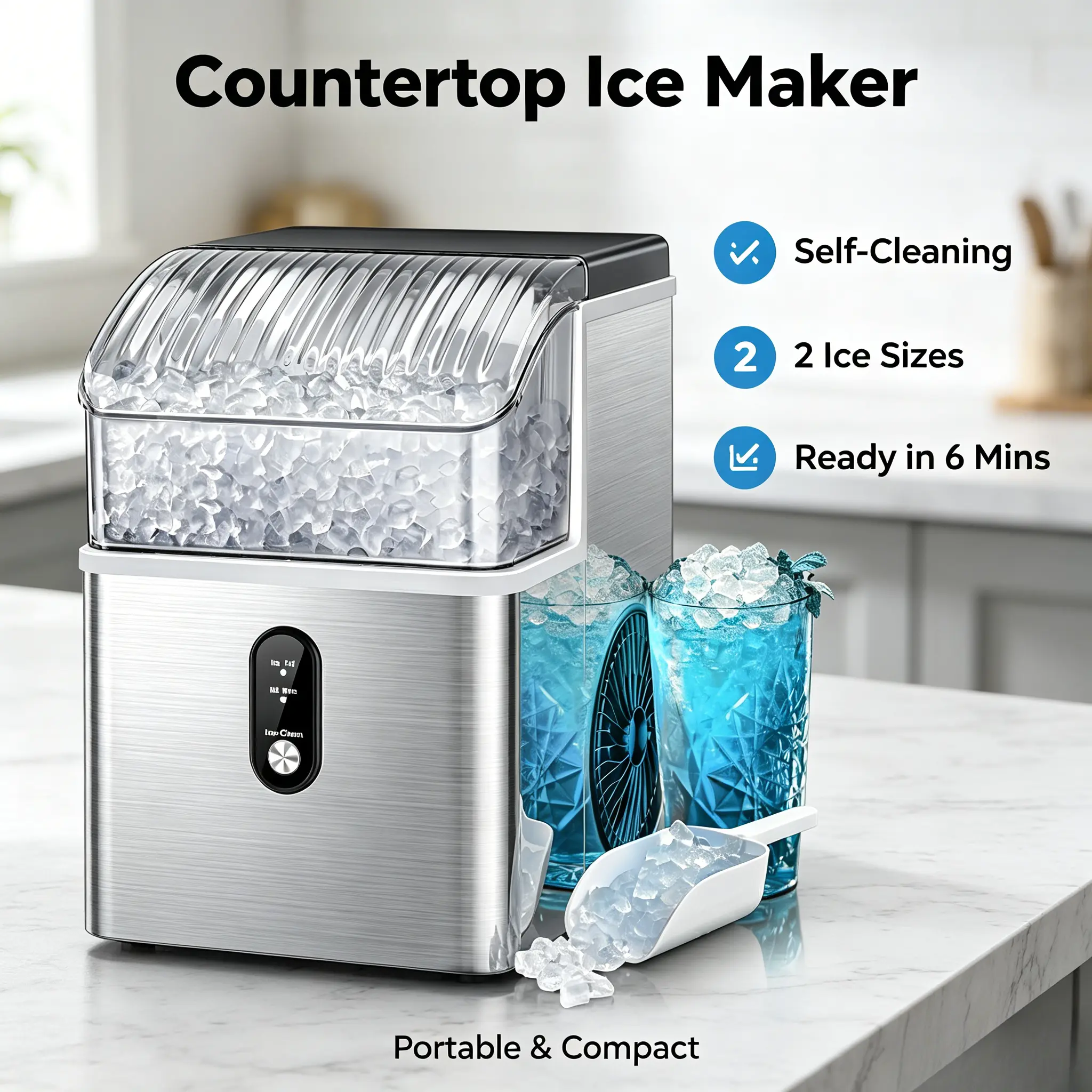 Kismile Nugget Ice Maker Countertop Portable 35lbs Day Self Cleaning One Click Operation Crushed Ice Silver for Home Use