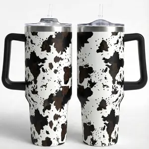 Cow Print 40oz Insulated Tumbler with Handle & Straw Lid, Stainless Steel Double Wall Vacuum Travel Cup