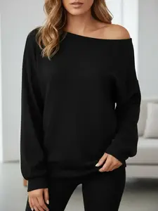 Women's Y2K Style Off-Shoulder Long Sleeve Knit Fitted Sweatshirt, Simple Solid Color, Fashionable Shoulder Design, Daily Wear