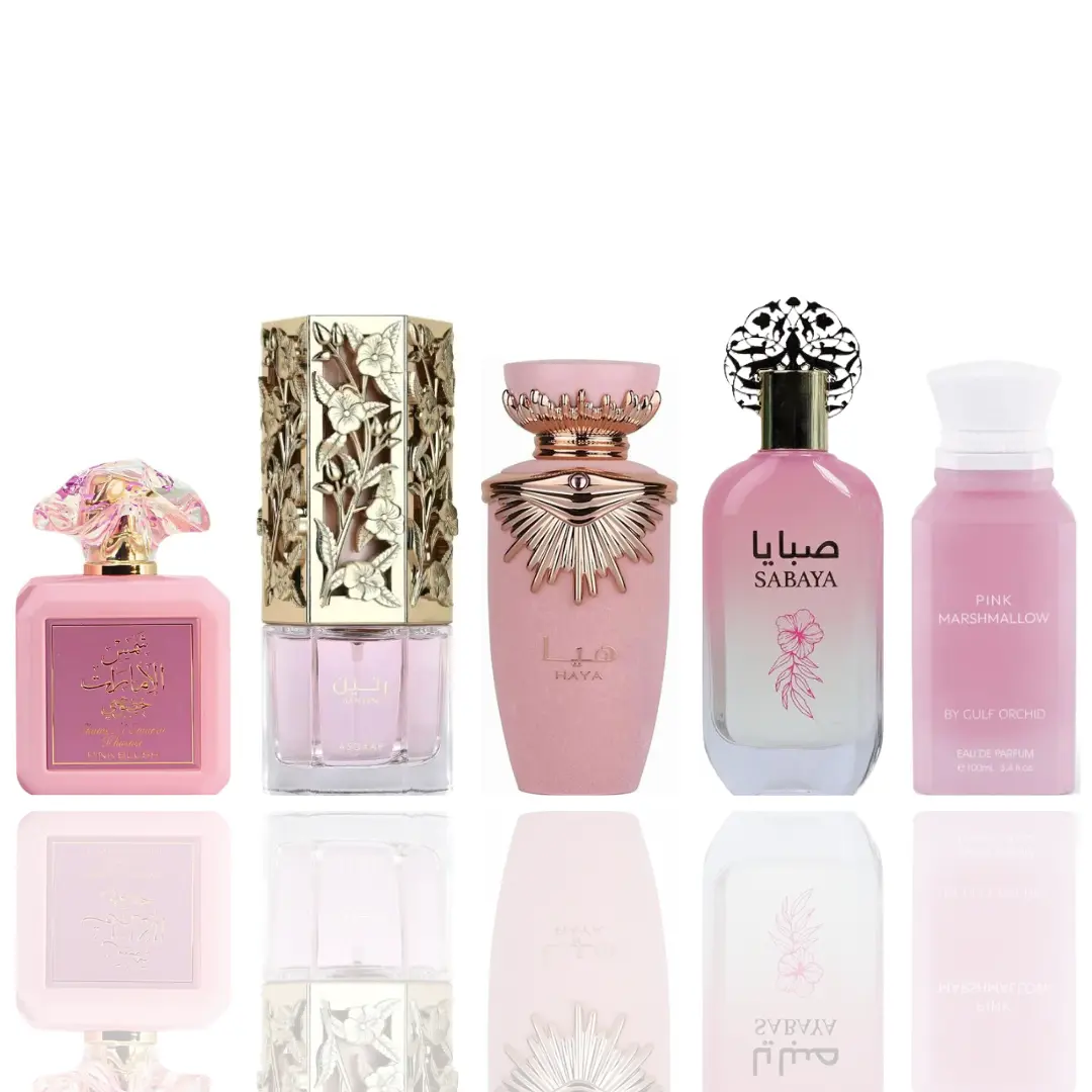 Lattafa Men's 5-Piece Packaged Fragrance Kit - Fruity Ambery Musk, Sweet Scent Fragrance with Fresh Notes, Includes Sabaya, Raneen, Shams Al Emarat Pink Blush, Pink Marshmallow, Haya, Packaged Men's Fragrance