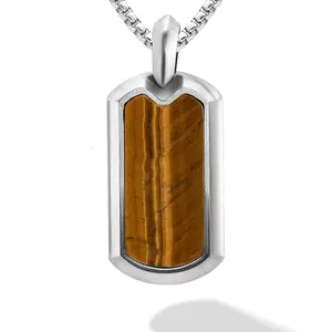 RTZN Tiger Eye Dog Tag Pendant Necklace for Men