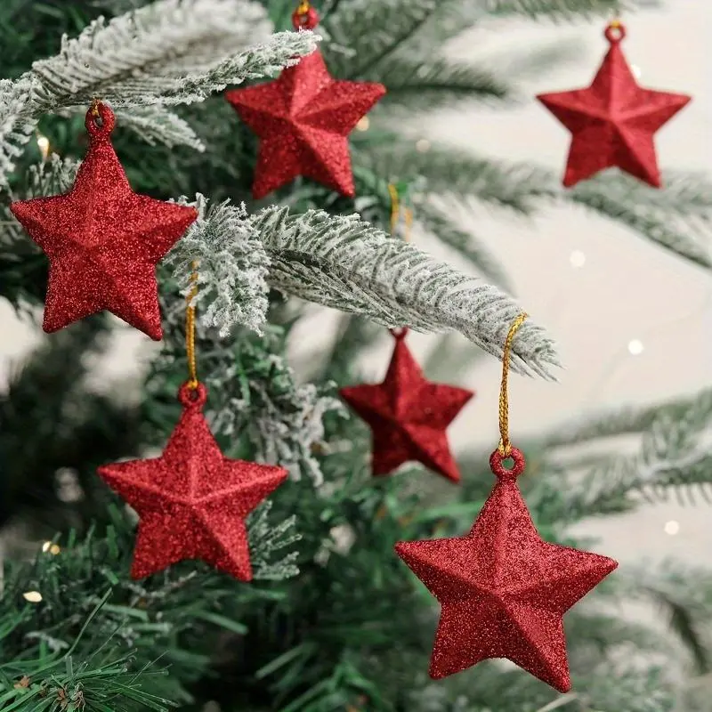6pcs, Christmas Tree Small Glitter Pentagram Pendant Decoration Arrangement