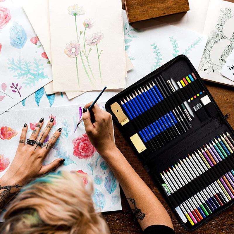 NIL-Tech 55-Piece Premium Drawing & Coloring Art Kit - Charcoal andGraphite Pencils, Watercolor Pencils with Water Brush, Travel Sketchbook, Digital Tutorial Library