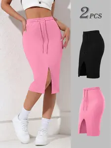 2-Pack Casual Fitted Women Skirts, Solid Color Elastic Waist, Comfortable Stretchy Straight Leg, Split Design, Medium-Length, Spring & Fall