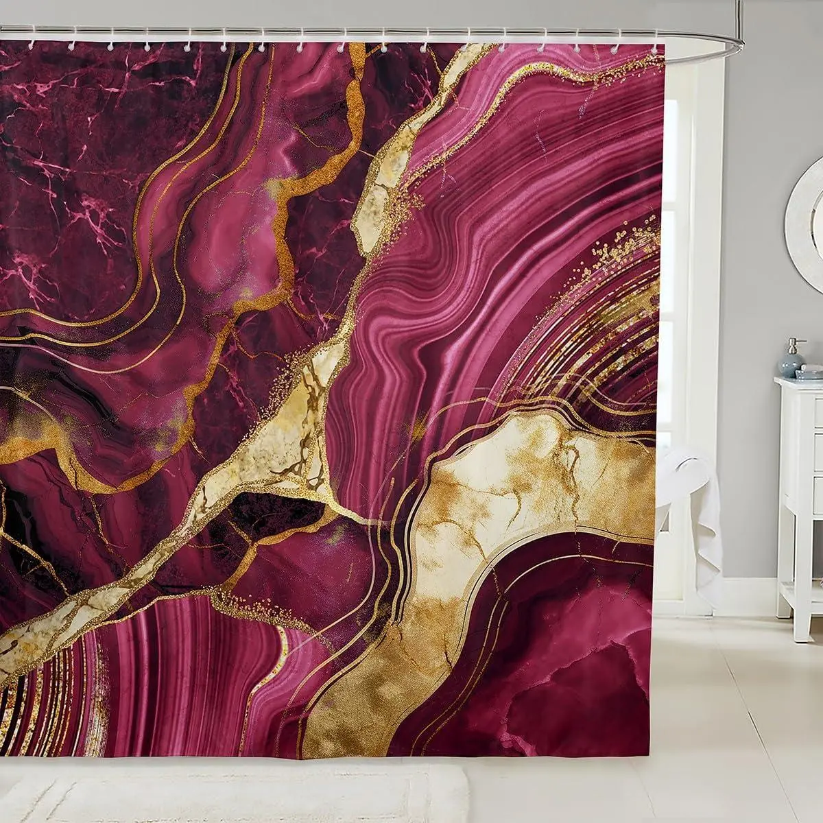 Feelyou Washable Pink Marble Shower Curtain Set - Abstract Metallic Texture Fabric, Gold Crack Bathroom Accessory, Retro Luxury Boho Hippie Fluid Design, Colorful, Designer Print, Decorative Motif, Colorful Curtains, Designer Print Curtains