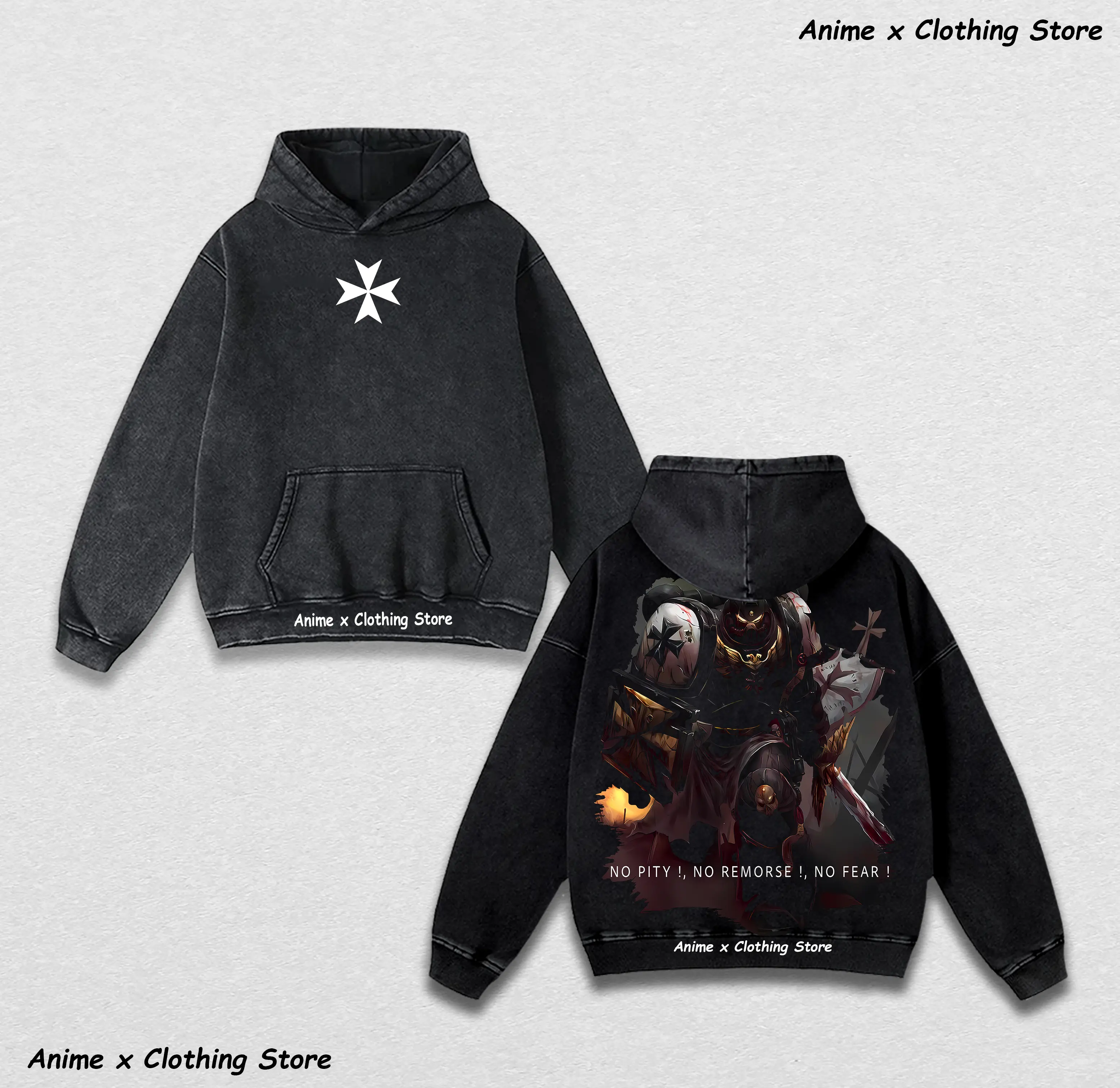 Black Templars "No Pity, No Remorse, No Fear" Hoodie| Warhammer 40k Oversized Washed Vintage Hoodie– Double-Sided Sci-Fi Graphic & 230gsm Heavy Cotton Gaming Streetwear.