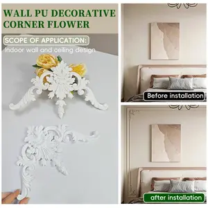 Baroque Style PU Corner Flower Decorative Stickers, European Relief Wall Ceiling Shapes, Waterproof Faux Gypsum Art Carvings