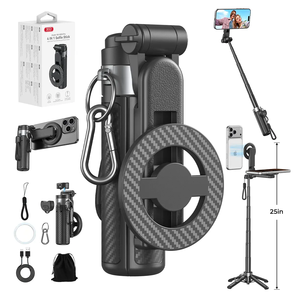 2026 Upgrated 4-in-1 Magnetic Selfie Stick with Remote for Cell Phone 360° Rotation.Can Transforms into Mini Tripod/Camera Grip/Handheld Stabilizer/Phone Stand.Extend to 25 inches