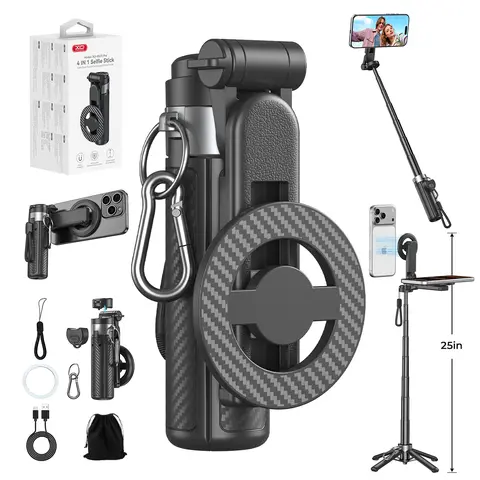 2026 Upgraded 4-in-1 Magnetic Selfie Stick with Remote, 360-Degree Camera Mount, 25in Extendable Hands-Free Phone Holder, Adjustable Magnetic Self-Timer Tripod, Camera Stand, Vlogging Gear for Cell Phones, 360-Degree Camera Mount Selfie Accessories,techvi