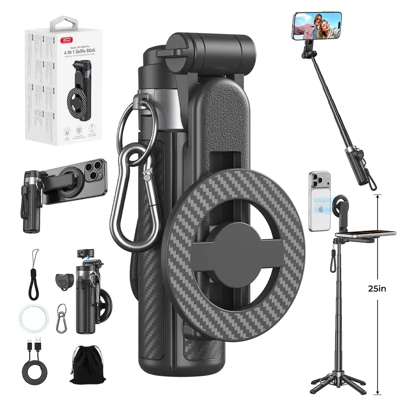 2026 Upgraded 4-in-1 Magnetic Selfie Stick with Remote, 360-Degree Camera Mount, 25in Extendable Hands-Free Phone Holder, Adjustable Magnetic Self-Timer Tripod, Camera Stand, Vlogging Gear for Cell Phones, 360-Degree Camera Mount Selfie Accessories,techvi