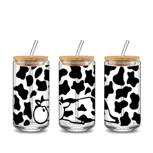 Cow Print Black & White Farm Animal 16oz Glass Can Cup with Lid and Straw, Tumbler, Reusable Glass Drinking Cup, Jar for Iced Coffee, Hot Chocolate, Cute Aesthetic Drinkware, Perfect Gift for Cow Lovers, Teens, Girls