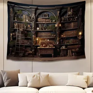 Medieval Bookshelf Tapestry Vintage Bookcase Library Backdrop Old Books Dark Academia Large Tapestries Wall Hanging for Bedroom Living Room Office Zoom Background 80x60in