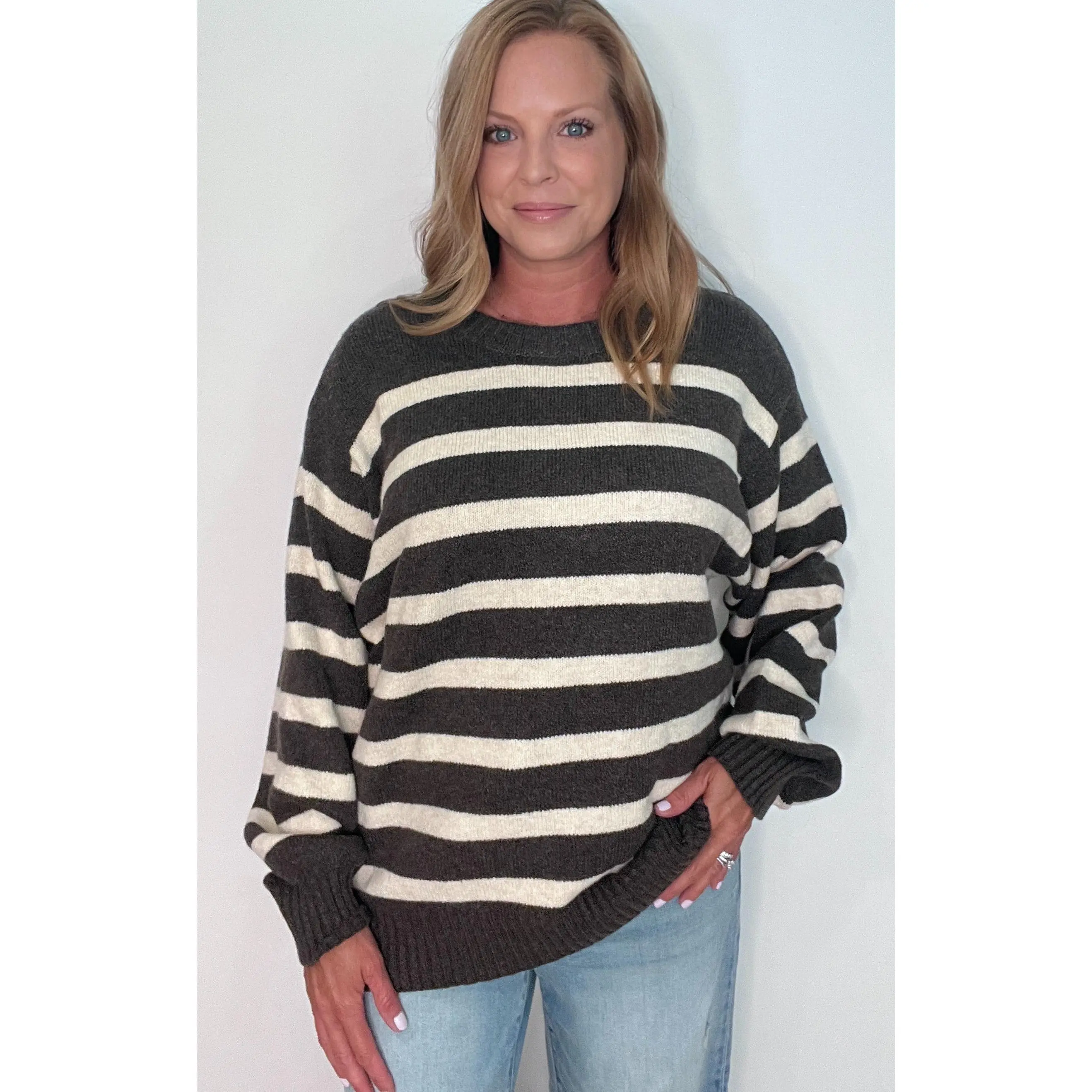 Stable Sweater-Charcoal Brown/Cream