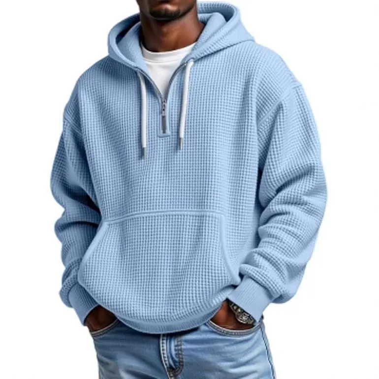 Men's Waffle Fabric Longsleeve Hoodie - 2025 Double Hood Zip-Up, 3D Print Streetwear Pullover, Fashion Apparel Textured Menswear Top for Daily Comfort