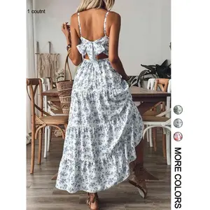 Women's Floral Print Strap Dress Casual Gathered Edge Decorated Skirt Suitable for Casual Daily Wear Ladies Dress Women's Floral Bowknot Back Cami Maxi Dress Sleeveless Ruffle Tiered Dresses