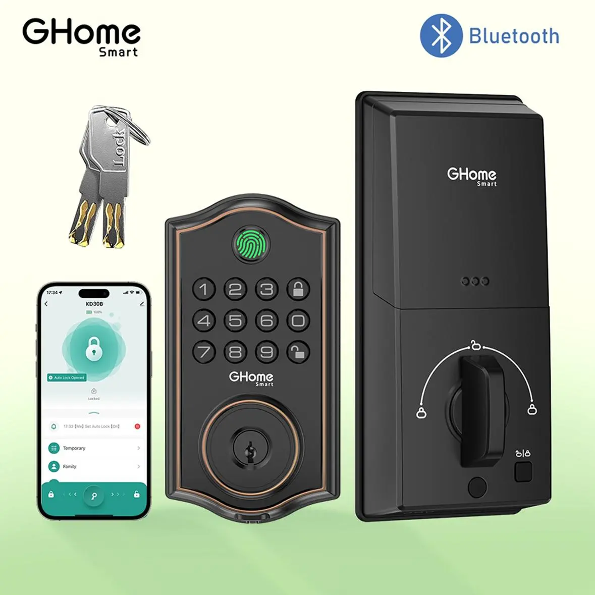 GHome Smart Electronic Code Door Security Lock - Ambidextrous Keyless Entry Deadbolt, Bluetooth, App Control, Auto-Lock, Self-Install, Waterproof, American Standard for Home & Apartment, Black, Batteries Packed Separately