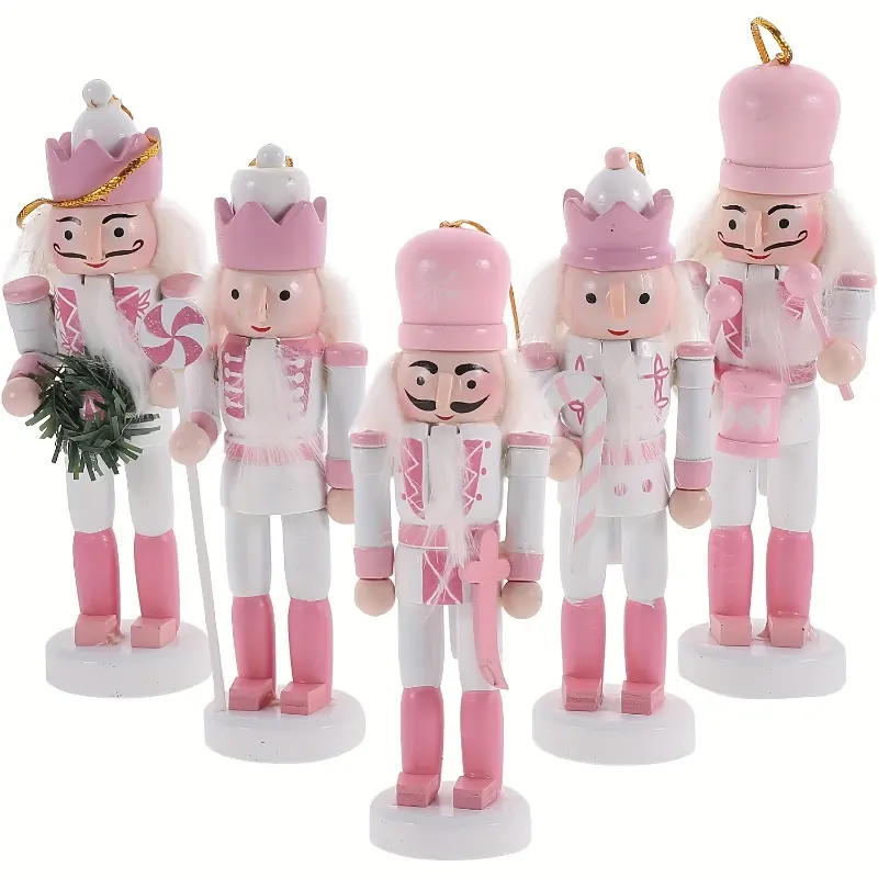 [5 Pcs Macaron Pink Nutcracker] 5 Pcs/Set Of 5.12 Inch Macaron Pink White Candy Nutcracker Set, Gift Pendant Decoration Ornaments Christmas Home Candyland Theme Multicolor
