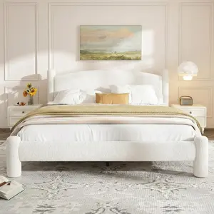 Boucle King Size Bed Frame, Upholstered Cloud Bed Platform with 4 Round Sturdy Legs, Noise Free & Wooden Slats Support, No Box Spring Needed, Easy Assembly Mattress Foundation - White