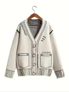 【Plus Size】 Graphic Print Button Front V Neck Cardigan, Knitting Womenswear, Long Sleeve Cardigan Sweater for Fall & Winter, Knitwear for Daily Wear, Cardigans Women, Cardigan for Women, Sweaters for Women, Jumper Jacket, Lightweight Knit Sweater