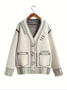 【plus size】 graphic print button front v neck cardigan, knitting womenswear, chic comfort drop shoulder long sleeve cardigan sweater for fall & winter, women's knitwear for daily wear, cardigans women, cardigan for women, sweaters for women, jumper jacket
