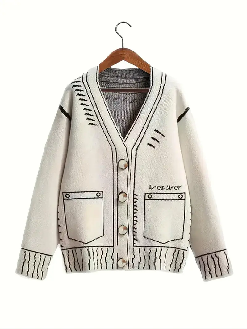 【Plus Size】 Graphic Print Button Front V Neck Cardigan, Knitting Womenswear, Long Sleeve Cardigan Sweater for Fall & Winter, Knitwear for Daily Wear, Cardigans Women, Cardigan for Women, Sweaters for Women, Jumper Jacket, Lightweight Knit Sweater