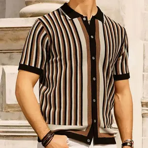 Kyn Apparel Men's Fashion Luxury Leisure Knit Polo Shirt Striped Button-down Short Sleeve Cardigan Casual Business Knitwear 2025 New Summer