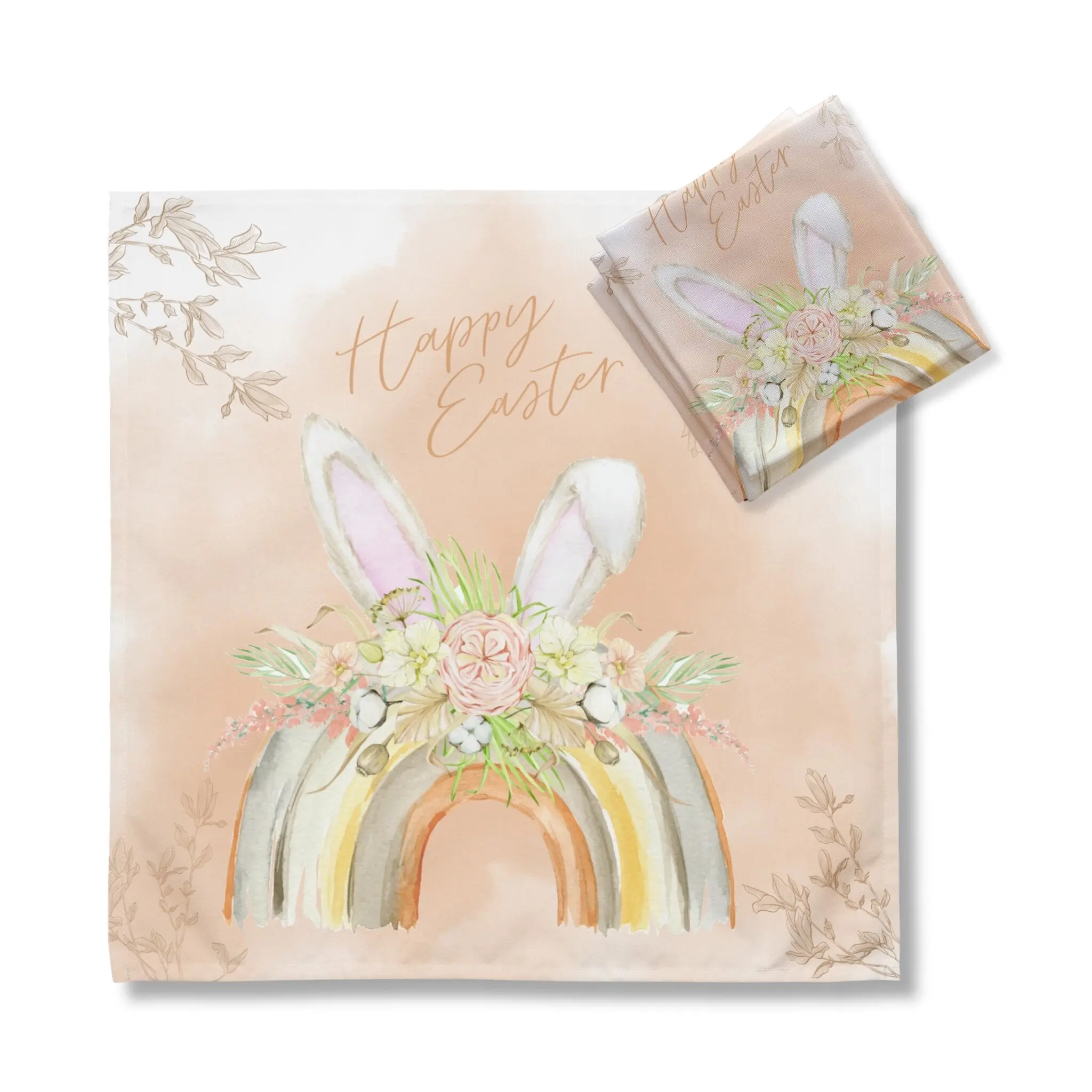 Happy Easter Bunny Rainbow Cloth Napkin Set of 4 - Lightweight & Soft Poly Broadcloth Fabric - 20x20 Inches - Perfect for Easter Celebrations & Table Decor - Cutlery Tableware