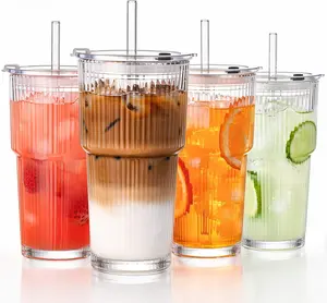4 Pack 18oz Ribbed Glass Tumbler with Lid & Straw, Leakproof Thickened Cup Dishwasher Safe for Travel Iced Coffee