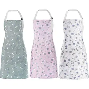 Apron for Women with Pockets, 3 PCs Waterproof Floral Apron with Adjustable Neck Strap for Cooking, Baking, Gardening, Art Craft