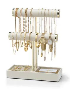 Vlando 2 Tier Bracelet Holder 0rganizer with Tray Leather Jewelry Stand Organizer for Women Jewelry Holder Display for Necklace, Watches, Rings, Earrings, Bangle, Scrunchie White