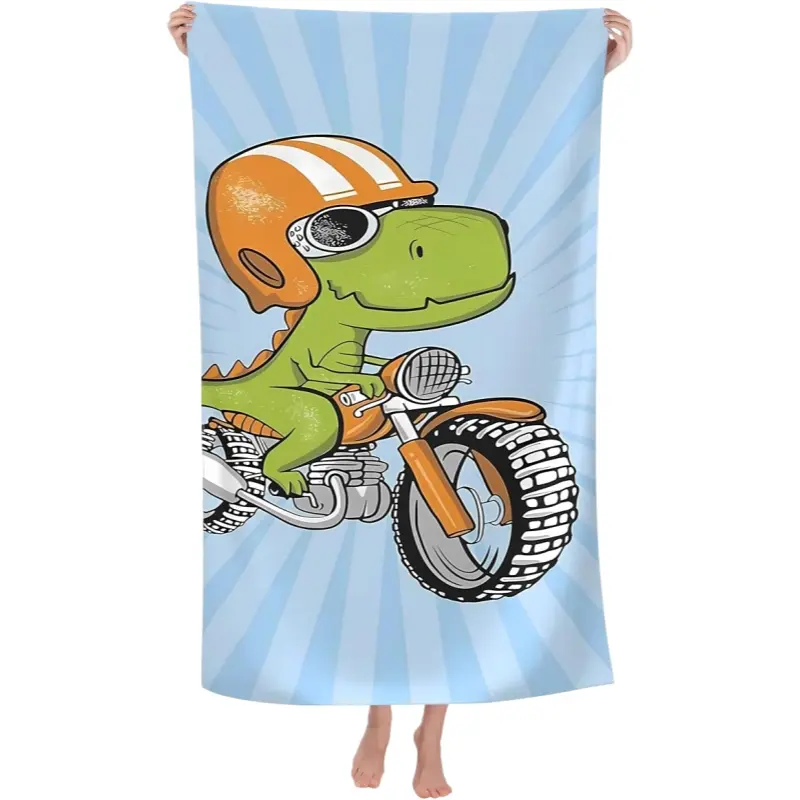 Cartoon Biker Dinosaur Riding Motorcycle Bath Towel, Quick-Dry Sand-Resistant Beach Pool Towel, Fun Summer Gift for Boys Dinosaur Motorcycle Fans