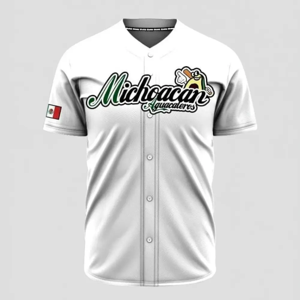Michoacán Aguacateros White Baseball Jersey – Mexico Avocado Mascot Button-Up Jersey, Lightweight Breathable Sports Shirt, Retro Mexican Baseball Fan Apparel, Casual Streetwear Gift for Him