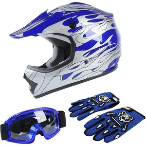 Youth Motocross ATV Four Wheeler Riding Racing Helmets Offroad Street Dirt Bike Go-Kart BMX MX Full Face Helmet Blue Flame Medium Size