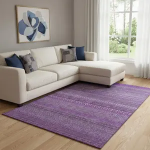 HomeRoots 647500 10x14 ft. Eggplant & Ivory Striped Decorative Polyester Area Rug - Durable, Machine Washable, UV-Protected Home Decor Rectangle Rug, Decorative Area Rug, Durable Area Rugs