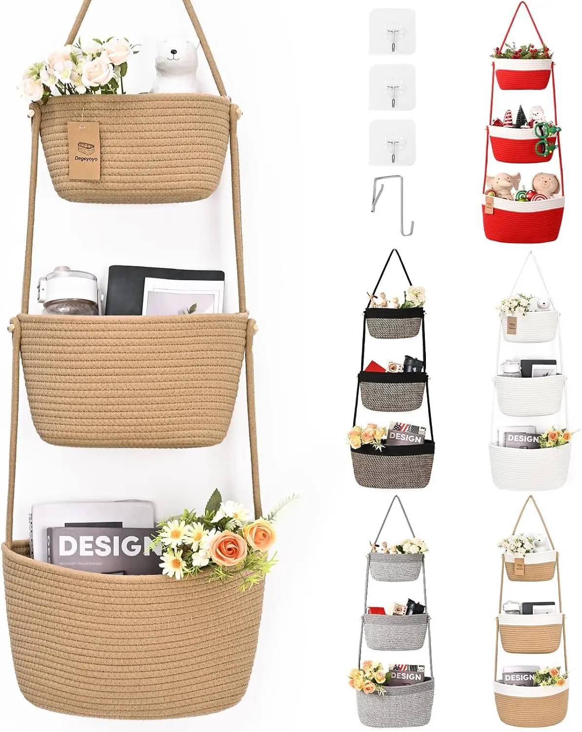 Hanging Basket, 3-Tier Woven Wall Basket with 4 Hooks, Cotton Rope Storage Baskets, Over the Door Organizer for Nursery, Bedroom, Cottage and Boho Wall Decor