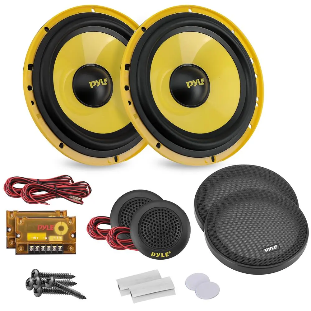 2-Way Component Speaker System 400W Max - Yellow | 6.5" Mid Bass + 0.5" Silk Dome Tweeters, Passive Crossover Network - Car Audio Speakers with Wiring Kit & Installation Hardware – Full Range Sound Upgrade Kit