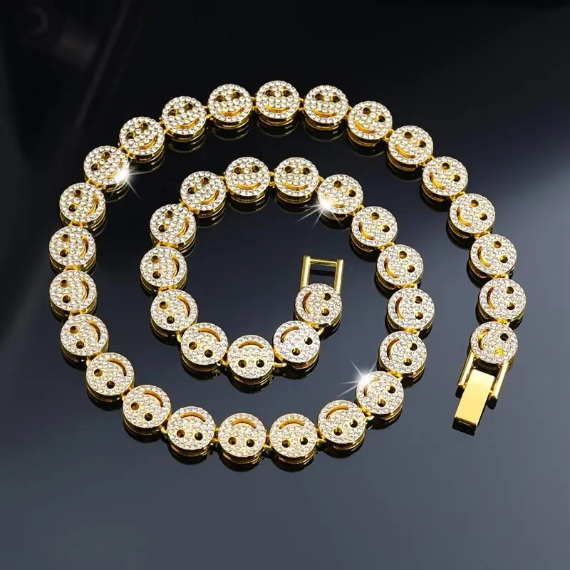 Unisex Smiley Face Cuban Chain Necklace, Hip Hop Style Jewelry, Trendy Street Club Party Accessories, Gift for Rappers