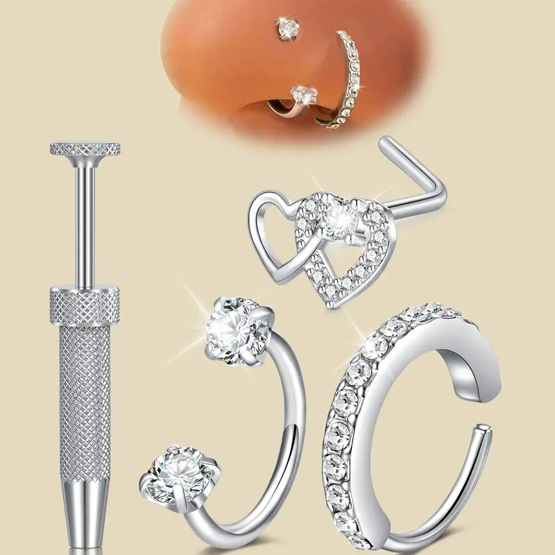 Women's Heart Design Nose Ring, Elegant Stainless Steel Ear Jewelry, Full Rhinestone Nose Stud, Dual Gemstone Piercing Jewelry, Rhinestone Nose Rings