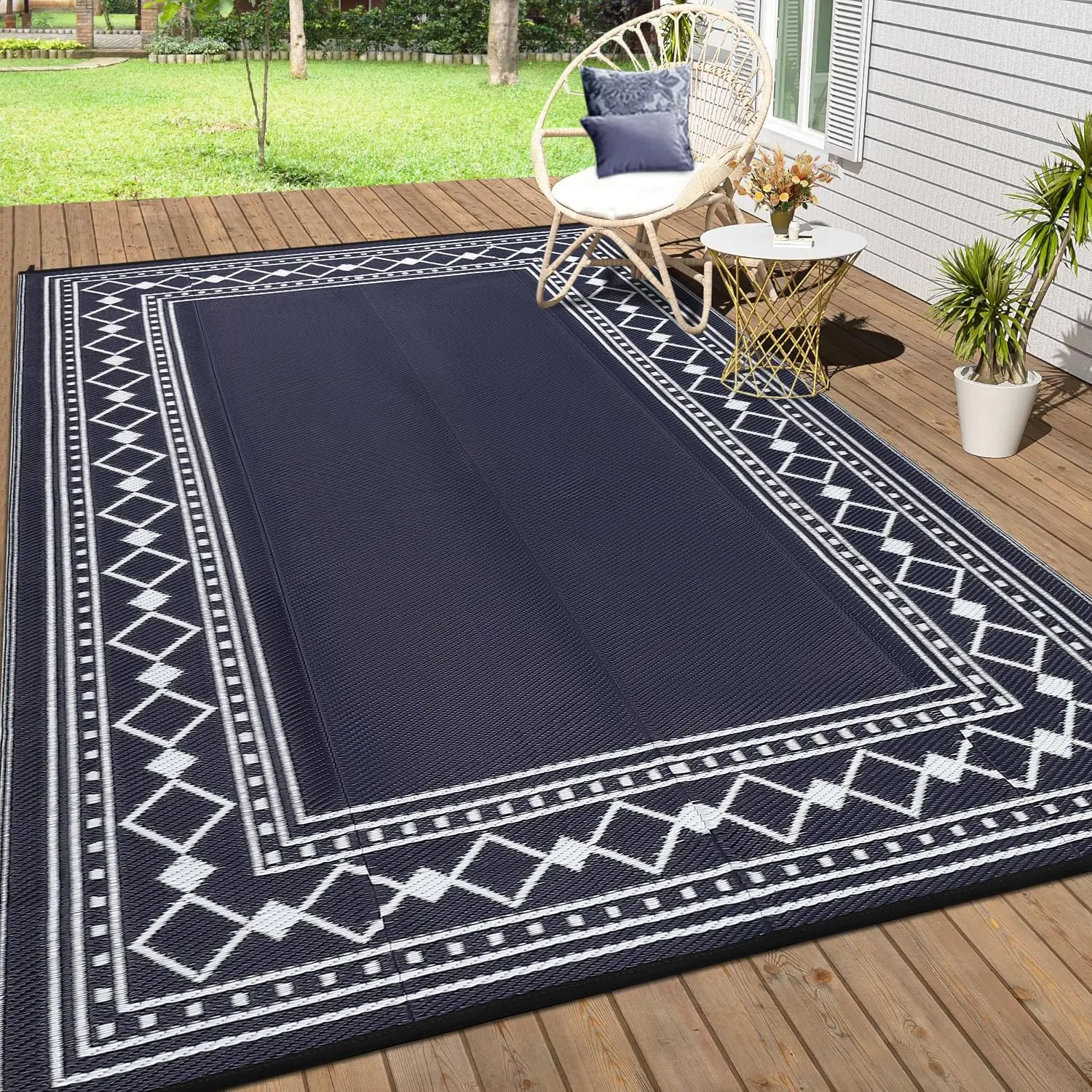 GARVEE Outdoor Rug Waterproof for Patio Decor 9x12 Reversible Plastic Straw Carpet, Outside Camping Mats for Outdoor Decor, RV, Backyard, Deck, Balcony, Picnic, Black Blue & White