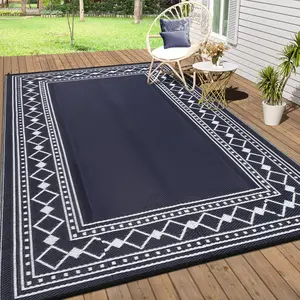 GARVEE Outdoor Rug Waterproof for Patio Decor 9x12 Reversible Plastic Straw Carpet, Outside Camping Mats for Outdoor Decor, RV, Backyard, Deck, Balcony, Picnic, Black Blue & White