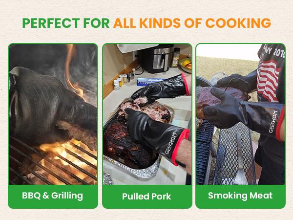 GEEKHOM 932°F Heat Resistant BBQ Grill Gloves: Oil Resistant Waterproof for Smoking Grilling Cooking Barbecue Deep Frying Turkey Rotisserie Handling Hot Greasy Meat Grilling Stocking Stuffers for Men