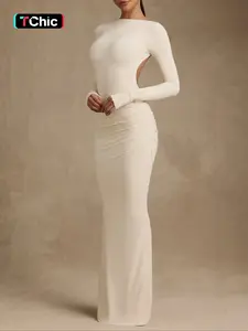 Elegant Sexy Strapless Long Sleeve Bodycon Boat Neck Vintage Straight Tube Dress, Women's Fashion Casual Formal Party Dress, Womenswear Piece