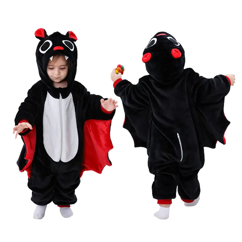 TONWHAR Children Halloween Costumes with Zipper, Bat Hooded Romper for Boys Girls, Kids Snowsuit for Outdoors, Boys Girls Flannel Cartoon Jumpsuit