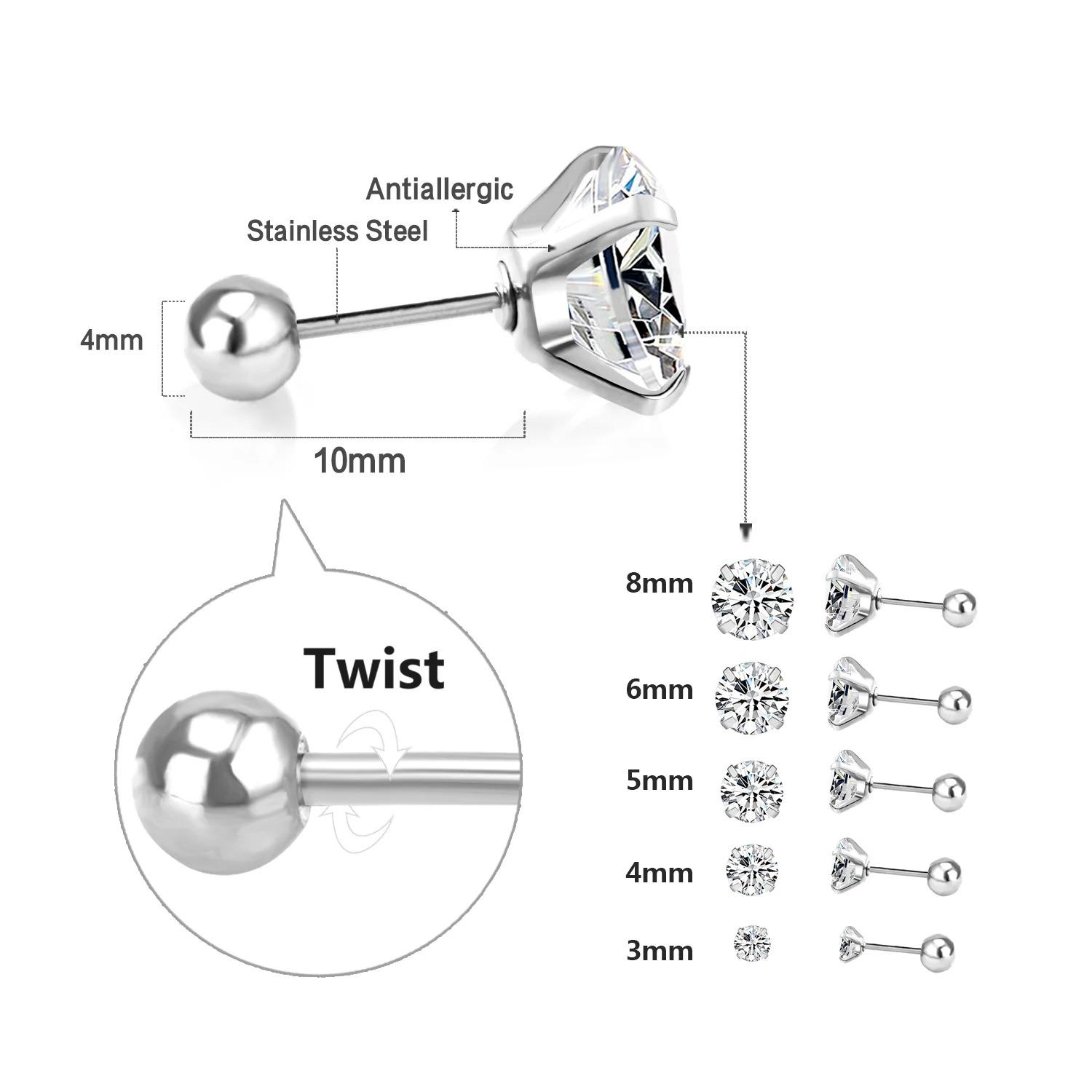 1Pairs/2Pcs Stainless Steel Crystal Studs Earrings For Women Men 4 Prong Tragus Round Clear Cubic Zirconia Ear Jewelry
