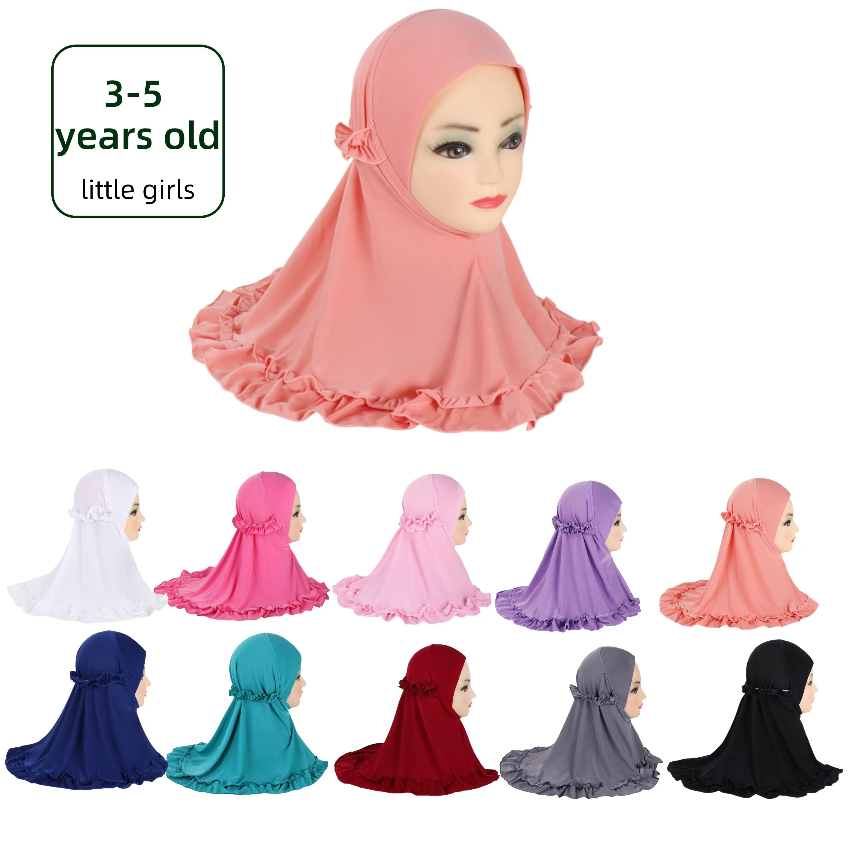 Kids Hijab for Girls 3-5 Years Old - Lightweight Polyester Knit Fabric, Hand Washable, Fitted Hijab with Ruffle Hem - Ramadan Occasion, Saudi Arabian Style Middle Eastern Headscarf - For Muslim Girls - Perfect for Religious Observances & Everyday Wear - I
