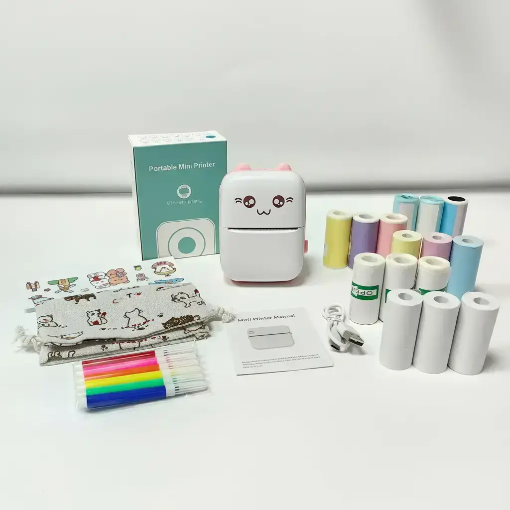 C9 Mini Portable Thermal Pocket Printer Set, Inkless Label Printer, Thermal Label Maker, Including 1 Set Mini Printer & 15 Printing Paper & 6 Colored Pen & Pouch & Random Stickers, Office Supplies, Portable Handheld Printer