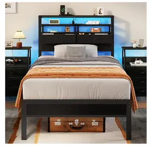 Furologee Twin Size Bed Frame with Headboard and 2 Fabric Drawers Full Platform Bed Featuring LED Lights Built in Charging Station and Storage Shelves Metal Slats No Box Spring Needed Black Oak